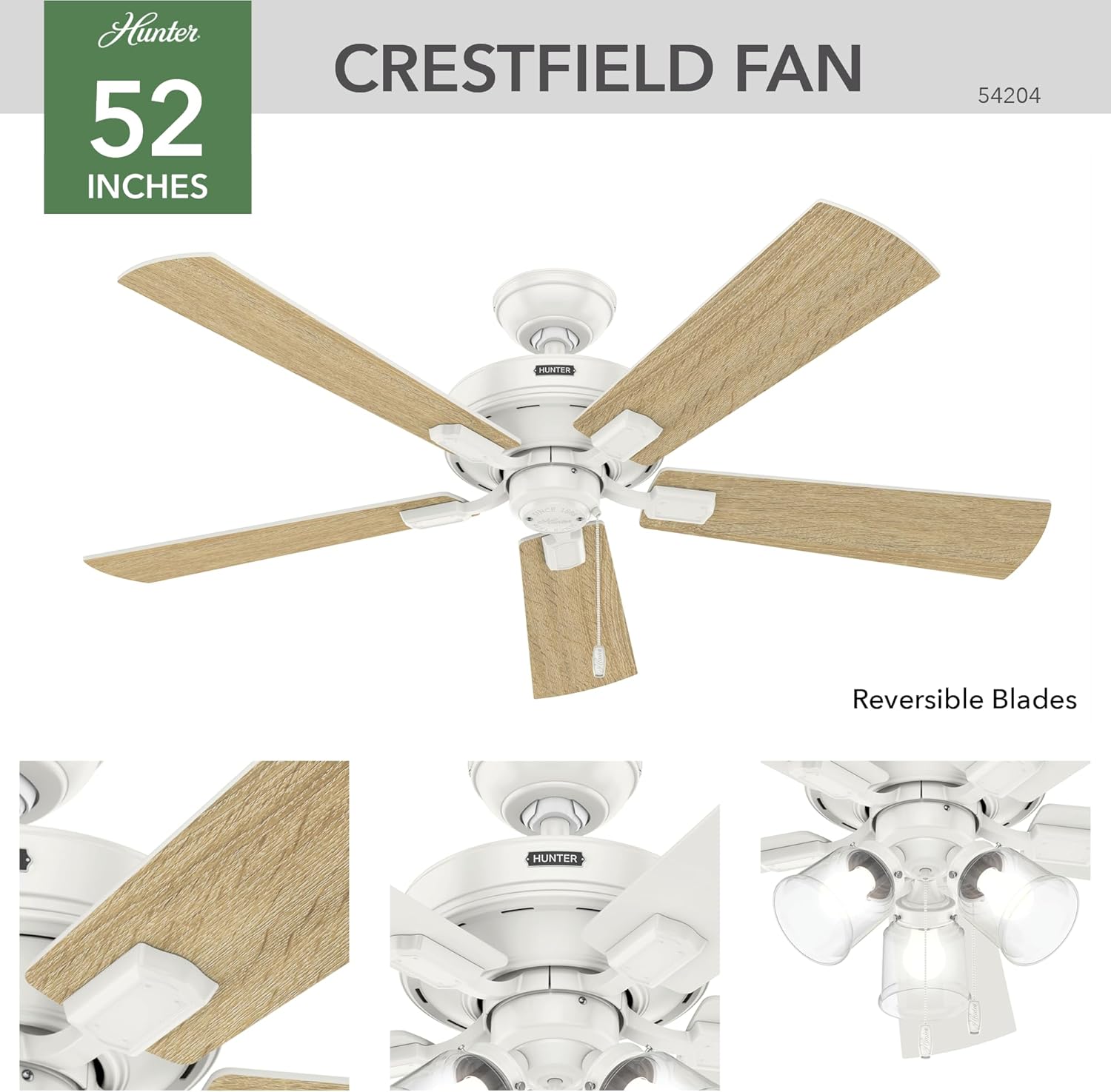 Hunter 52 inch Indoor Ceiling Fan with LED Lights and Pull Chain - White Ceiling Fan, 5 Blades, Standard Mount, For Bedroom, Living Room, or Kitchen, 3 inch Downrod - Crestfield 54204, Fresh White