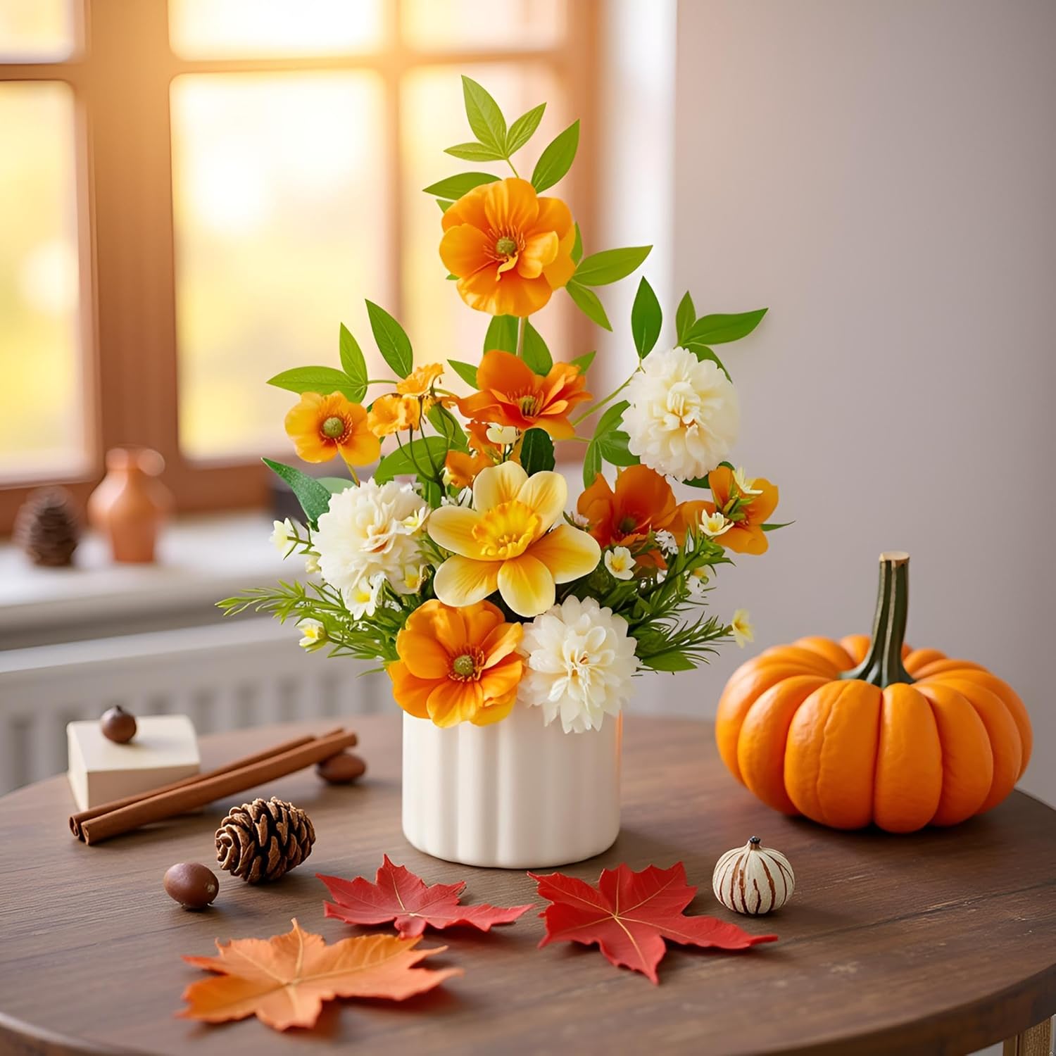 Artificial Fall Flower in Vase Silk Hydrangeas Flowers,Faux Flower Arrangement Suitable for Home Office Decoration, Dining Table Centerpiece