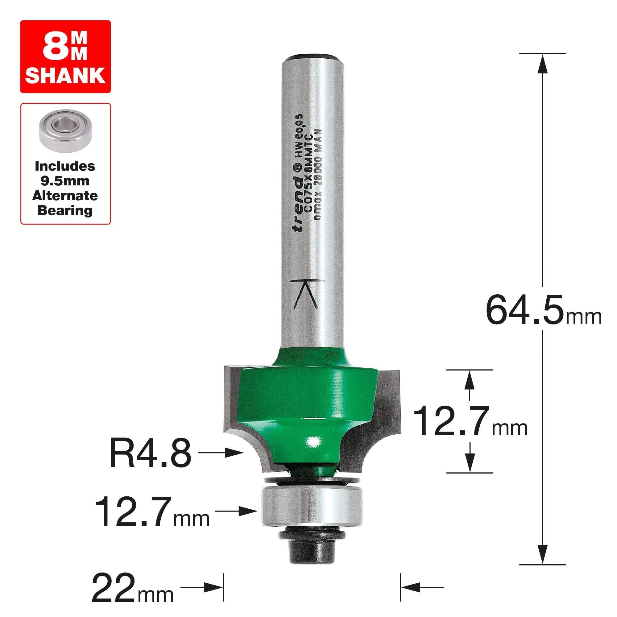 TREND CraftPro Kugelgelagerter Abrundfräser, 8 mm Schaft, 4.8 mm Radius, 12.7 mm Schnittlänge, Hartmetallbestückt, C075X8MMTC