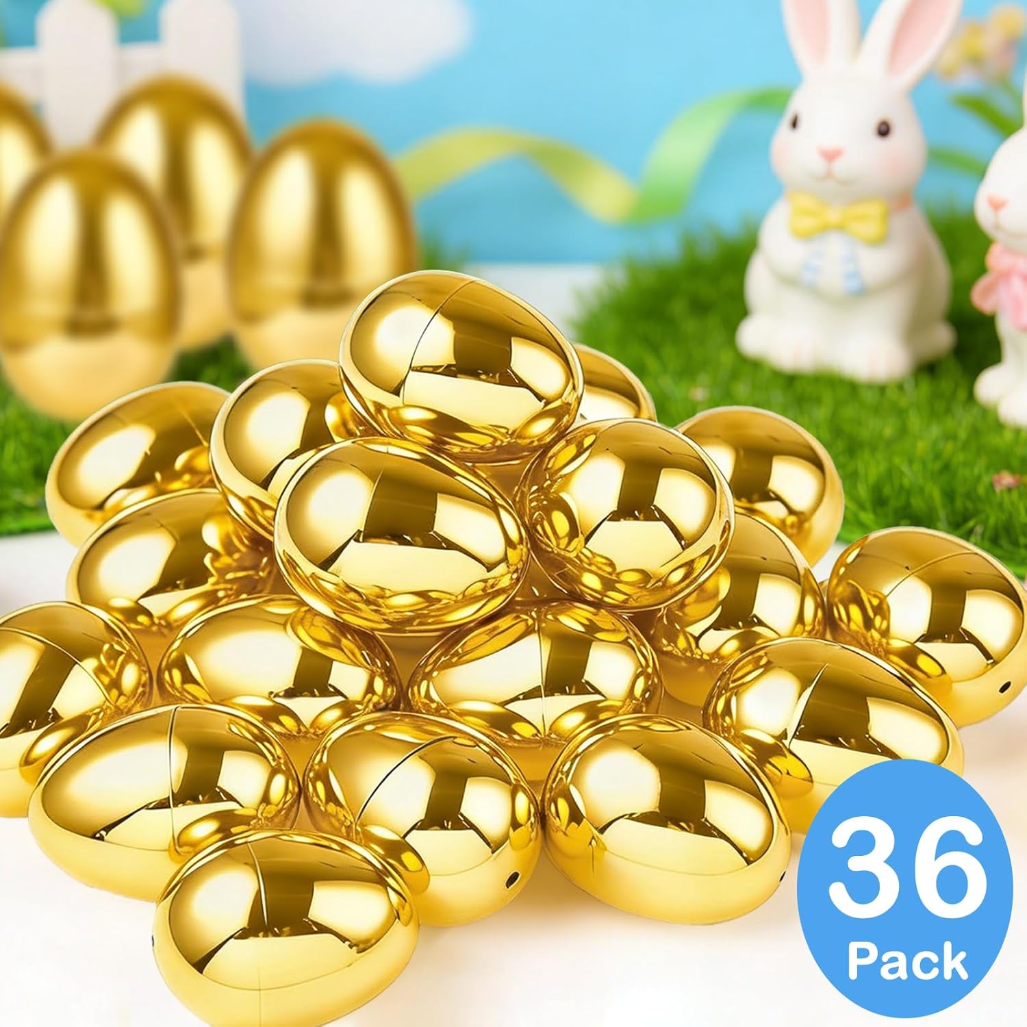 TURNMEON 36PCS Plastic Golden Easter Eggs, 2.36" Fillable Empty Gold Easter Eggs Bulk for Easter Basket Stuffers Fillers, Fillling Candy Treats Toys Eggs Hunt Classroom Prize Supplies and Party Favors