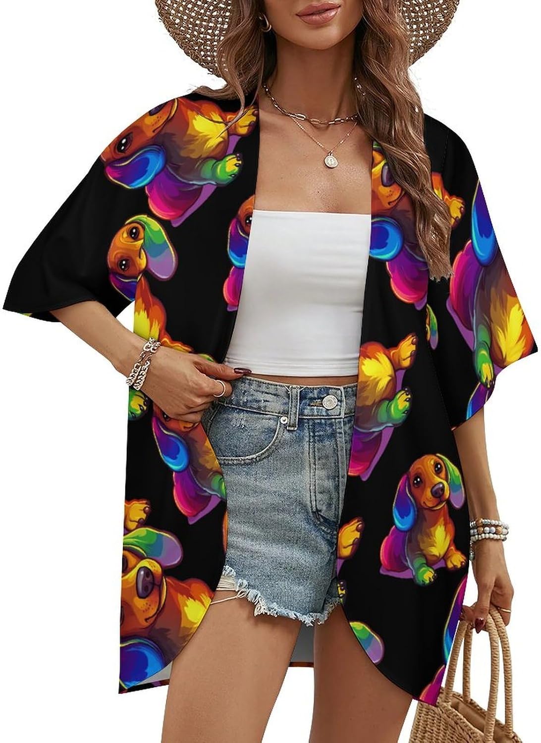 Colorful Dachshund Women's Open Front Cardigan Short Sleeves Jacket Lightweight Sweaters Tops