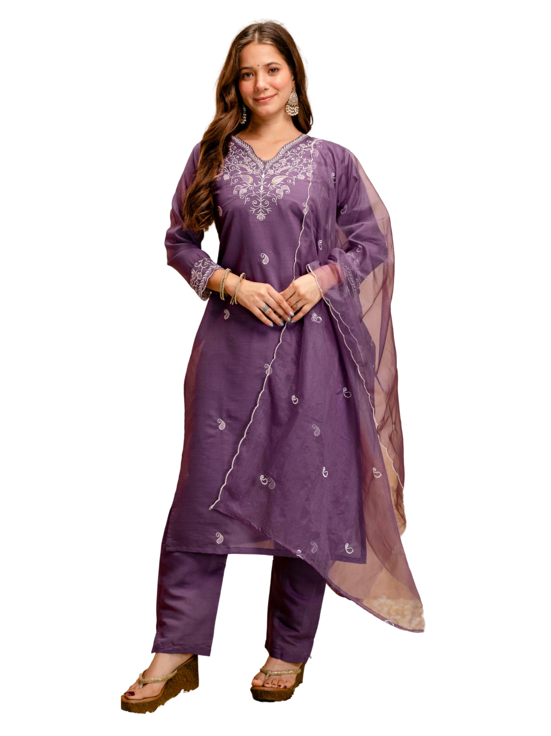 Women Chanderi Embroidered Kurta Pant Dupatta Set | Viscose Organza Dupatta | Ethnic Wear | 45 Inch | S-XXL | Lavender-image-24