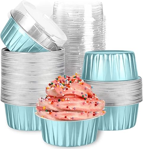 Mini tazas de papel de aluminio para hornear cupcakes con tapas (40 unidades, 5 onzas), forros redondos de papel de aluminio para cupcakes, soporte