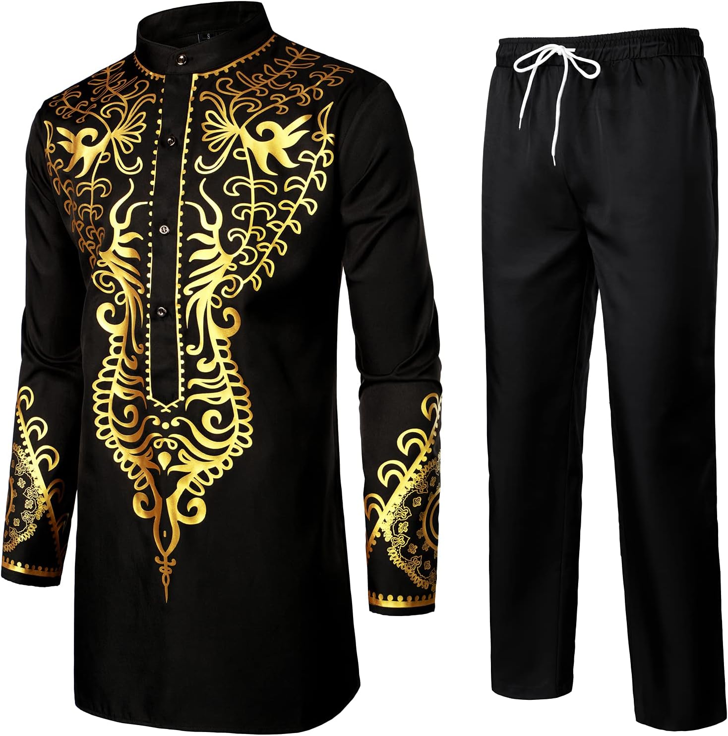 LucMatton Men's African Attire 2 Piece Set Gold Foil Print Mandarin Collar Long Sleeve Shirt and Pants Suit Dashiki Outfit - Image 2