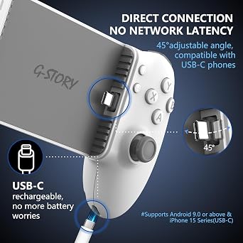 G-STORY Mobile Gaming Controller USB-C Wired&Bluetooth for Android,Dual Hall Joysticks&Ergonomic Design | Plug-and-Play Stream PC,Xbox,PS,Cloud Console Gaming android game controller (White)