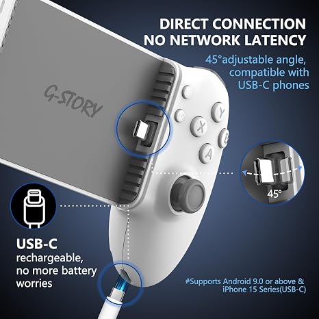G-STORY Mobile Gaming Controller USB-C Wired&Bluetooth for Android,Dual Hall Joysticks&Ergonomic Design | Plug-and-Play Stream PC,Xbox,PS,Cloud Console Gaming android game controller (White)