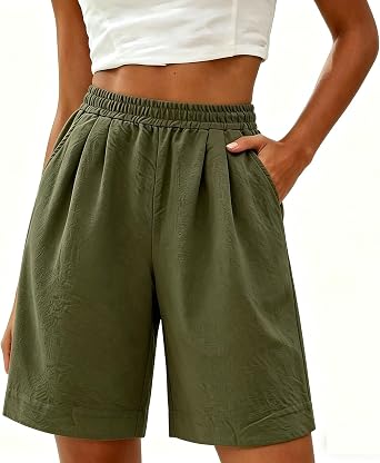 Aymnlox Women High Waisted Bermuda Shorts with Pockets Knee Length Baggy Short Elastic Waist Summer Casual Lounge Outfits