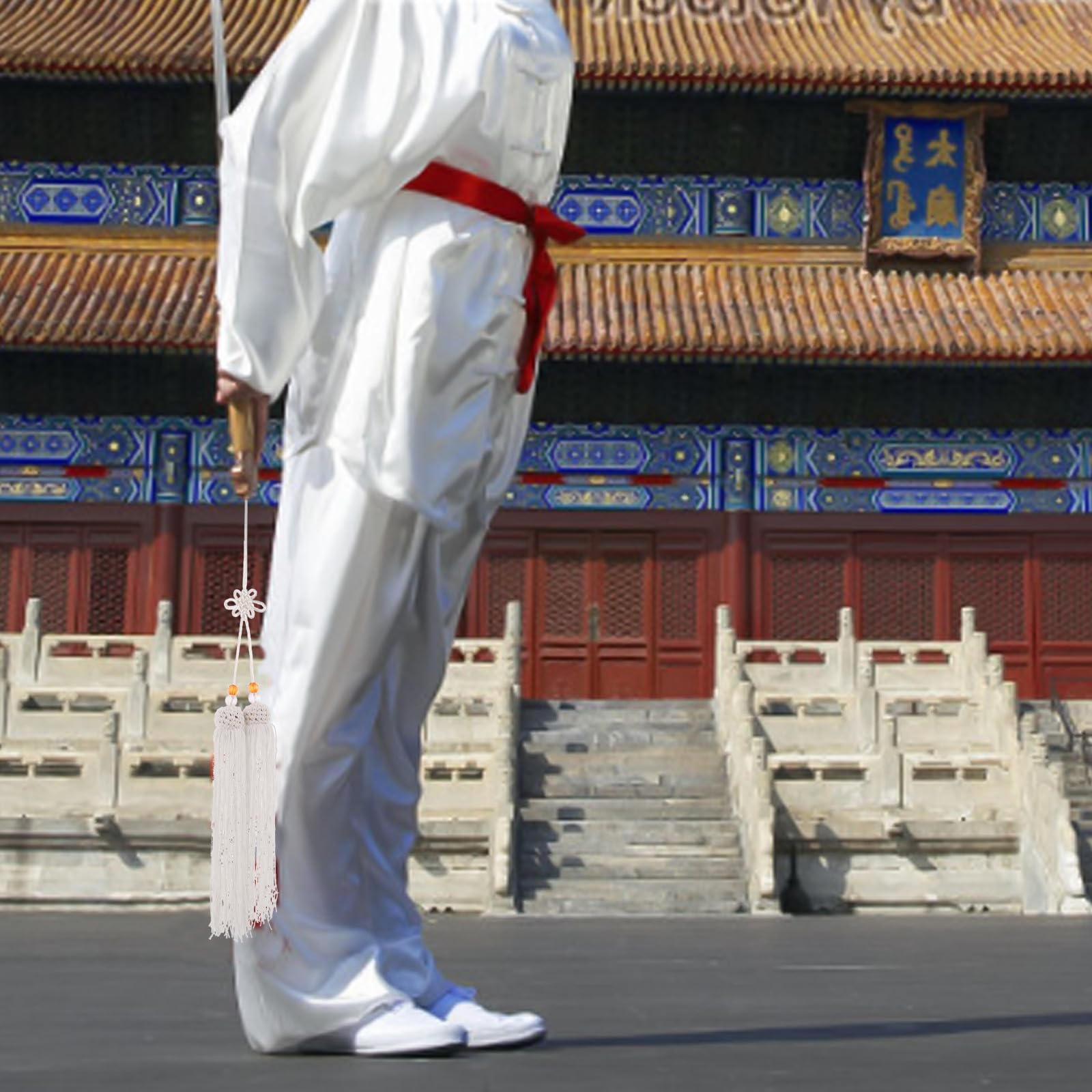 FUOYLOO Borla de Espada Nudo Chino en Seda Hielo White, Accesorio para Entrenamiento y Exhibición en Artes Marciales, Compatible Abanicos y Equipo de Esgrima