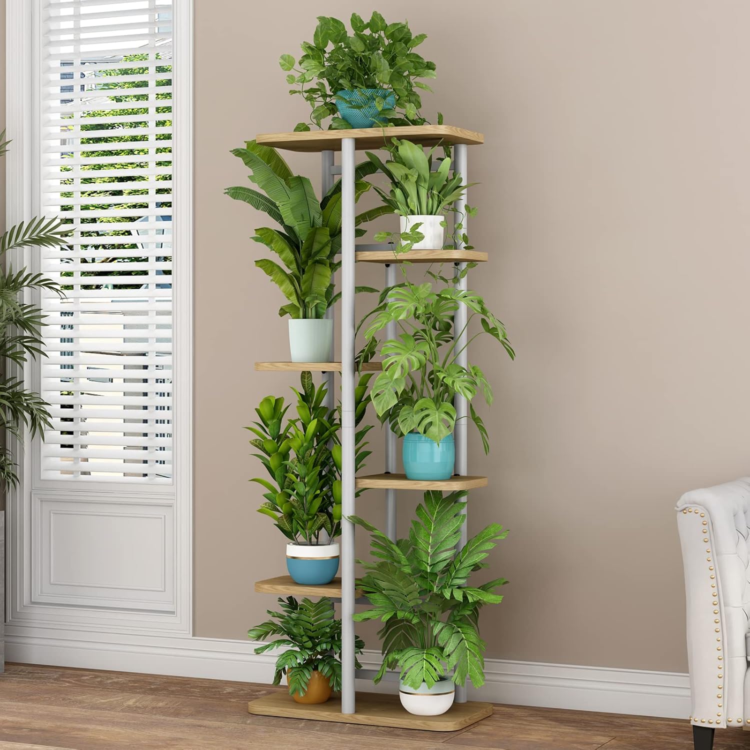 LINZINAR Plant Stand 6 Tier 7 Potted Multiple Flower Pot Holder Shelf Indoor Outdoor Planter Display Shelving for Patio Garden Corner Balcony Living Room (6 Tier-7 Potted, White)