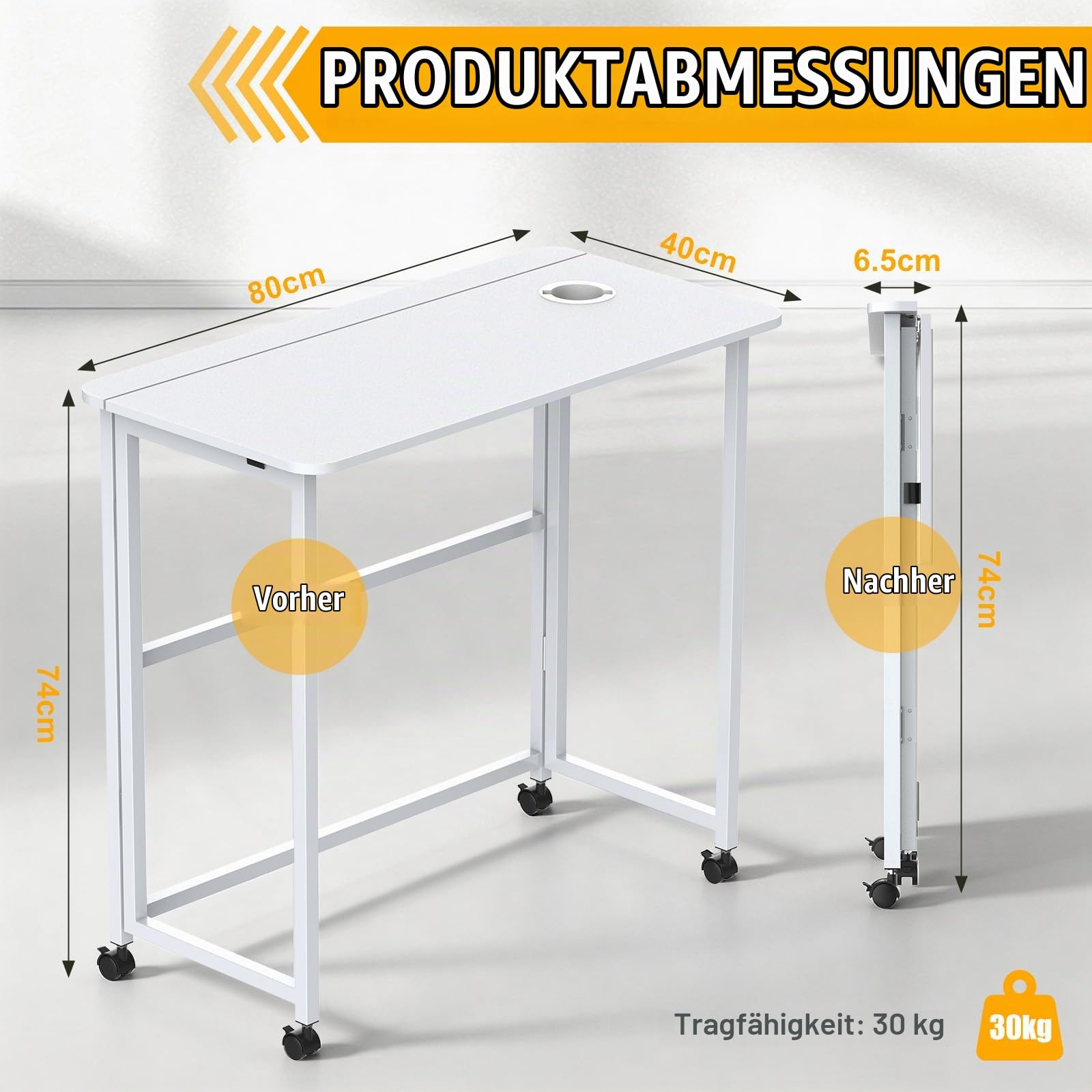 Klapptisch Home Office 80x40cm – Faltbarer Computertisch & Platzsparender Schreibtisch für kleine Wohnung, Schreibtisch Klappbar mit Getränkehalter,80x40x74 cm,Weiß