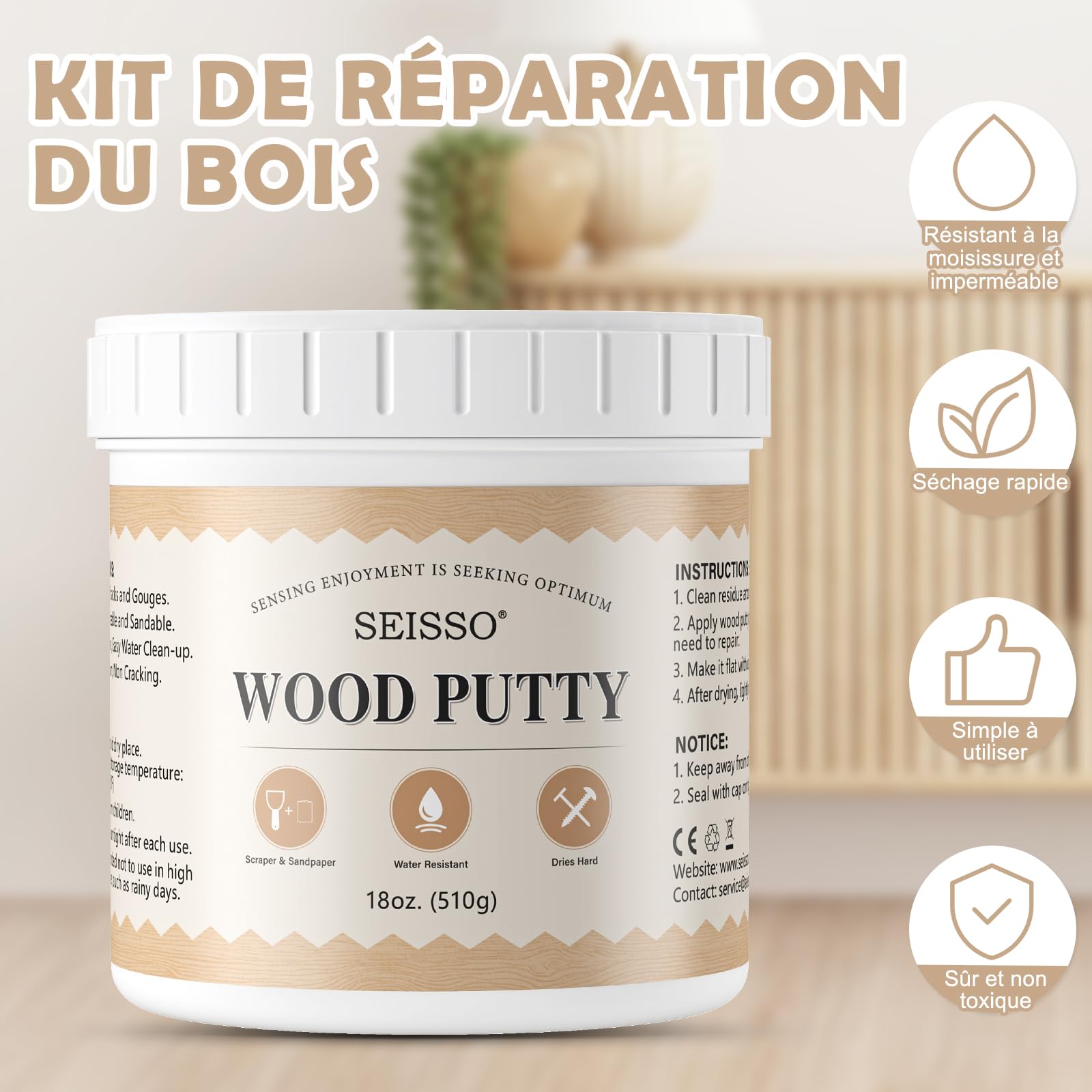 SEISSO Mastic à Bois Blanc 500g, Kit de Réparation de Parquet Imperméable à l'eau pour l'extérieur - Restauration de Tables en Bois, d'armoires, de Planchers et de Portes en Bois