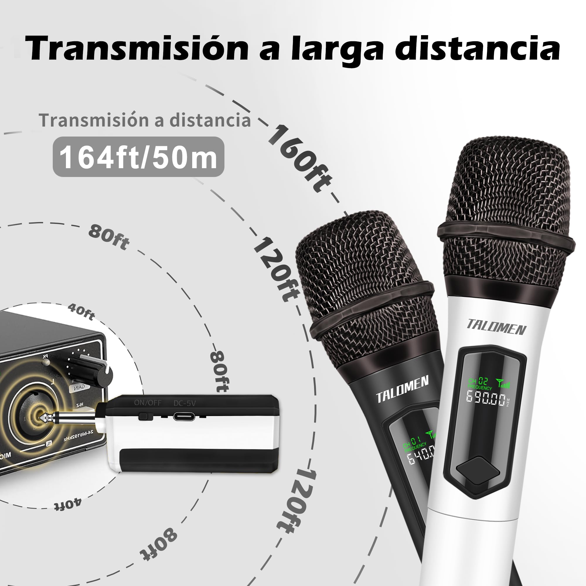 talomen Micrófono inalámbrico Profesional, Sistema cuádruple 2.4 GHz, micrófono dinámico Recargable con Receptor, Alcance de 160ft, Ideal para Karaoke, Canto, Fiestas, K604 Blanc, Argent, Gris, Noir