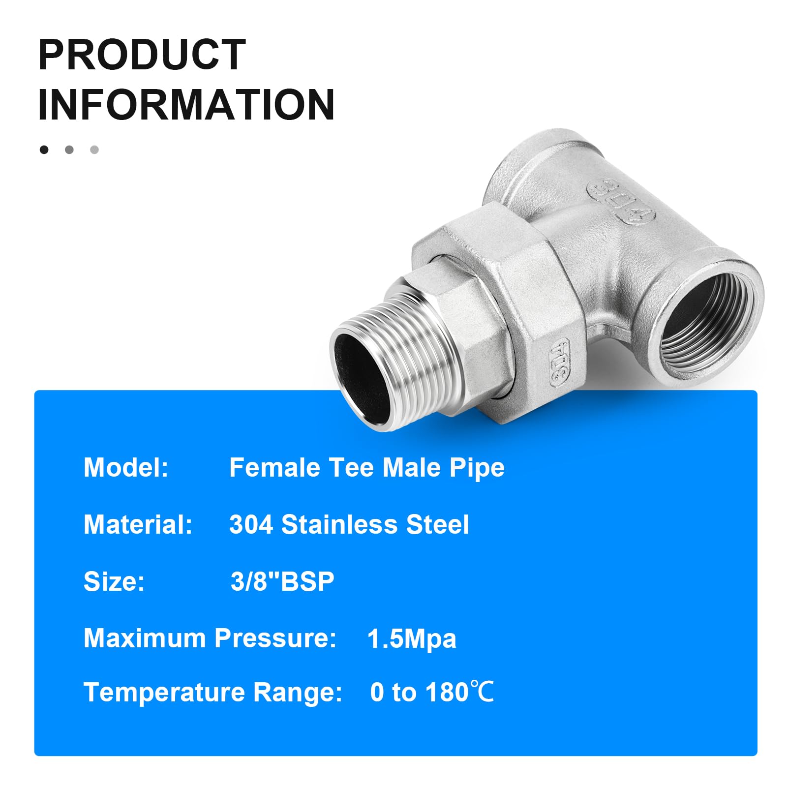TAILONZ PNEUMATIC 304 Acero inoxidable Fundición T 3 vías Unión Tubo Accesorio 3/8" Hembra x 3/8" Macho BSP Adaptador de rosca (paquete de 2)