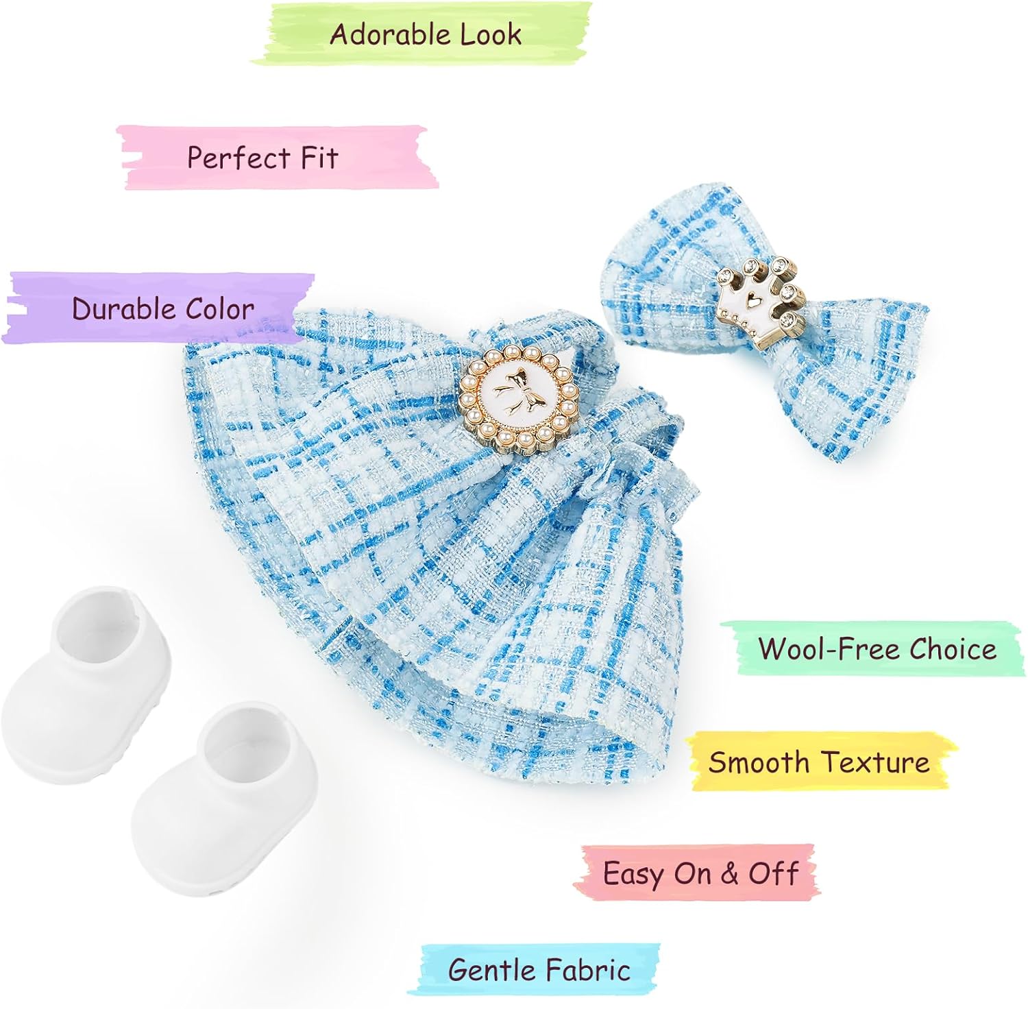 Clothes for LABUBU Doll (NO Doll) - 17cm Doll Clothes & Accessories Blue Dress Elegant Cute 3-Piece Outfit with Mini Hair Clip and White Shoes Clothing
