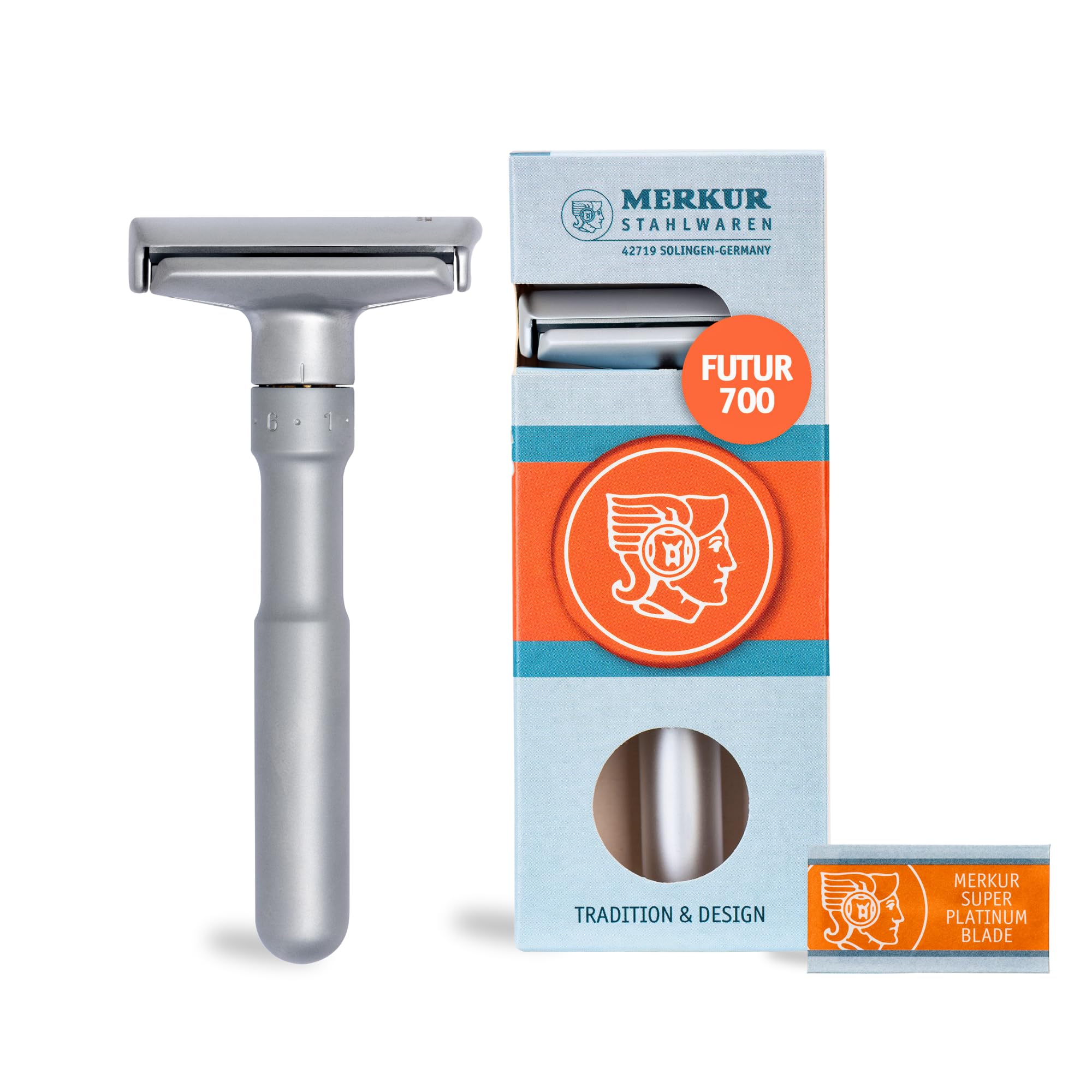 MERKUR Rasierhobel Futur 700 | Designklassiker Mattchrom | Zweiteiliger Rasierer mit geradem Schnitt | Ideal für Nassrasur | Zinkdruckguss | Messing Griffstück | Made in Germany