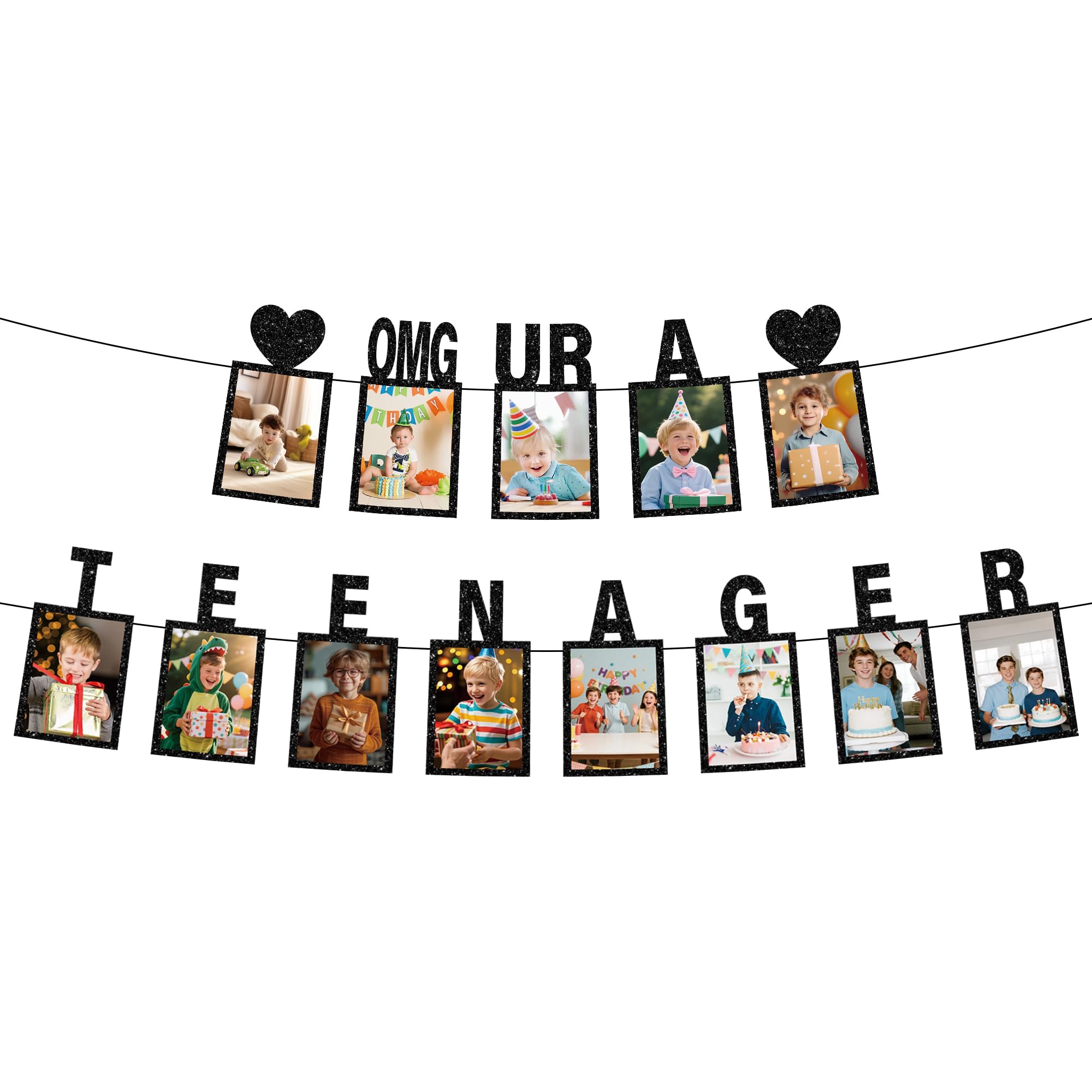 13th Birthday Photo Banner Boys - 1 Pcs Black Glitter Omg Ur A Teenager Banner with Photo Slots Heart Decorations Birthday Set for 13 Year Old Boy Teen Party Background Decor Supplies