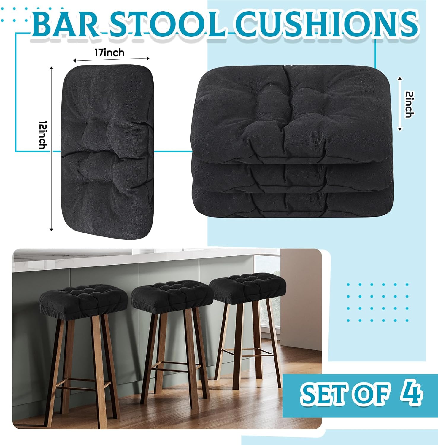 Marsui 4pcs 17x12 Inch Soft Stool Covers Rectangle Bar Stool Cushions with Elastic Band Padded Seat Covers Nonslip Washable Counter Cushions Saddle Seat for Chairs Slipcovers