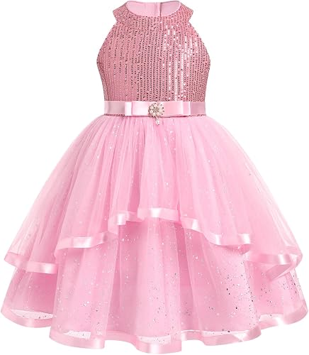 Flower Girl Wedding Guest Formal Dress Halter Sparkly Sequins Birthday Tea Party