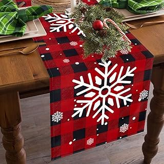 Christmas Table Runner Red Black Buffalo Check Plaid Snowflake Table Run...