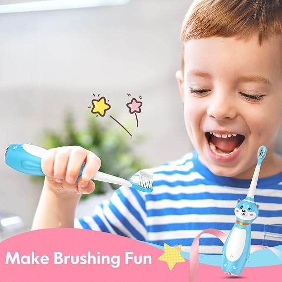 DADA-TECH Kids Electric Toothbrush Rechargeable, Sonic Silicone Teeth Brush with Timer for Children Boys Girls Ages 3+, 3 Modes with Memory, 4 Soft Brush Heads (Blue Shiba Inu Dog)