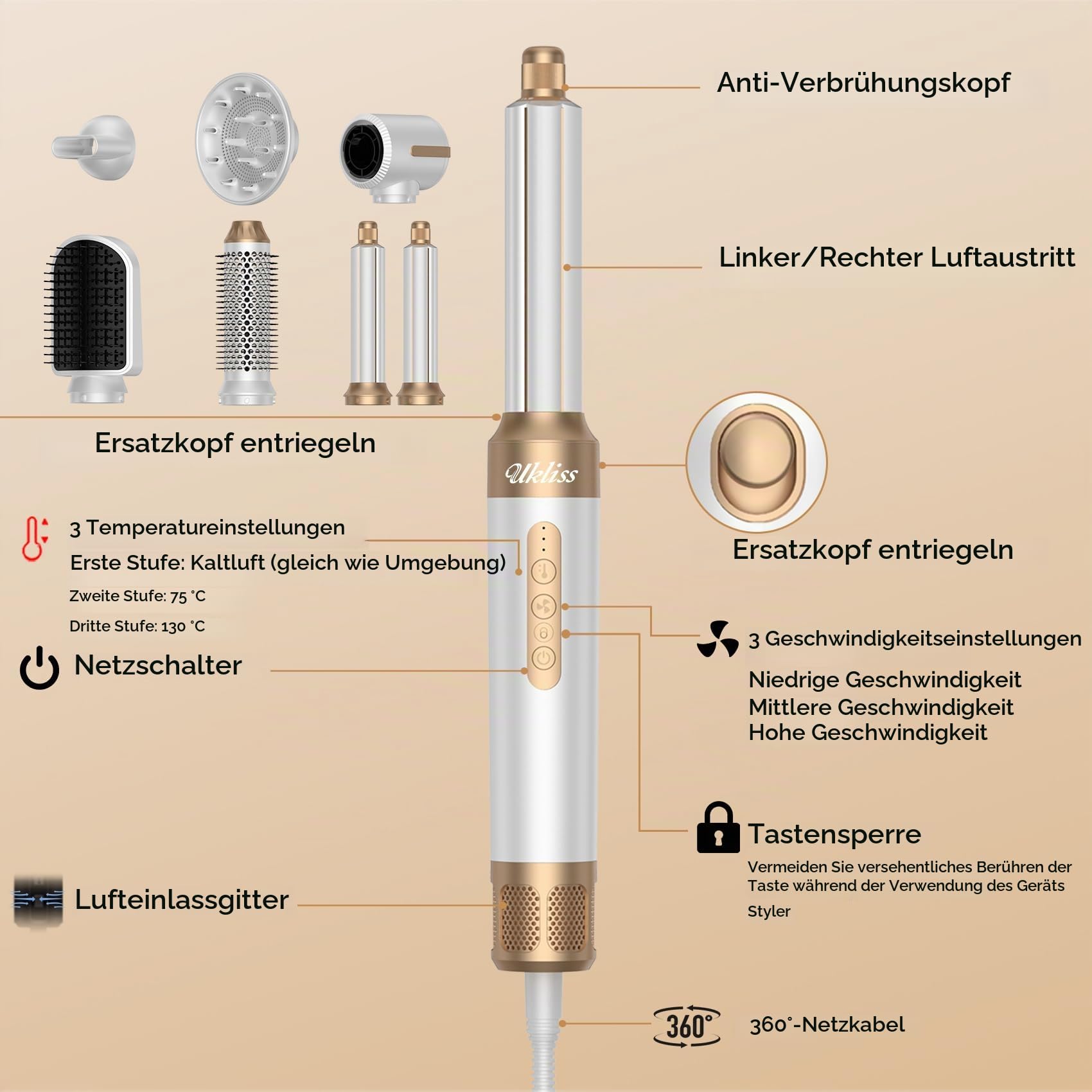 UKLISS 7 in 1 Hairstyler, Pro Haarstyler & Haartrockner Set mit Warmluft Lockenbürste, 1400W Hair Dryer, Rundbürstenföhn, Warmluftbürste, Haarföhn, Thermal Brush, Geschenke für Frauen Haarstyling