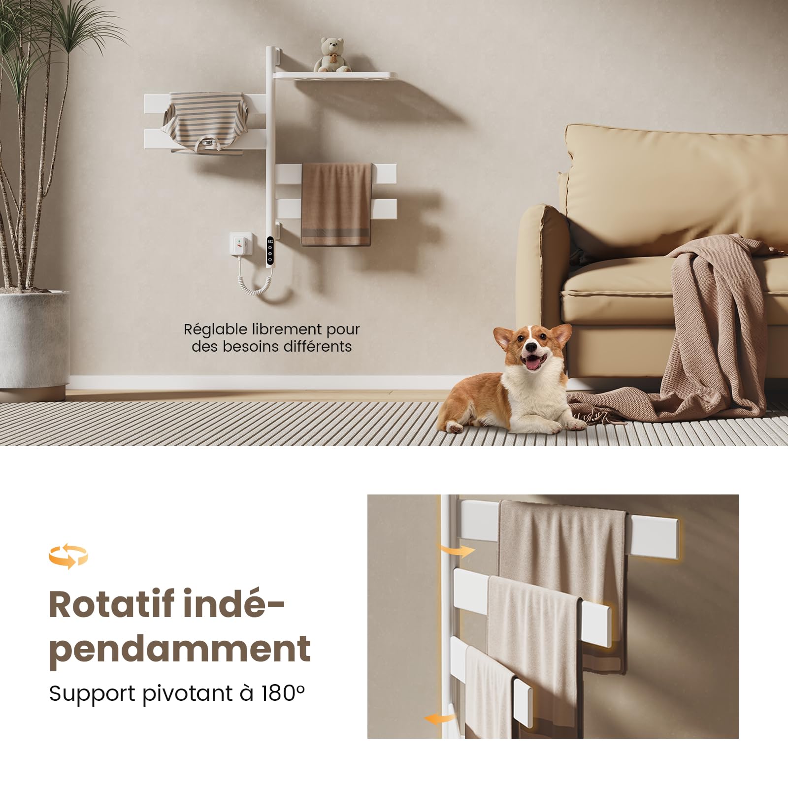 EMKE Sèche-Serviettes Électrique de pivotant à 180°,Blanc | Porte-Serviettes Chauffant électrique avec étagère, Séchoir à Serviettes électrique Intelligent WiFi, 120W