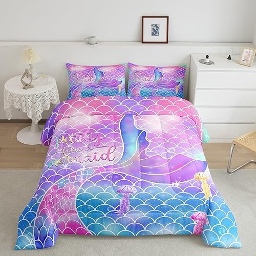 Juego de edredón de sirena para niñas, juegos de edredón de escamas de pescado, juego de ropa de cama de arcoíris con purpurina para niños,
