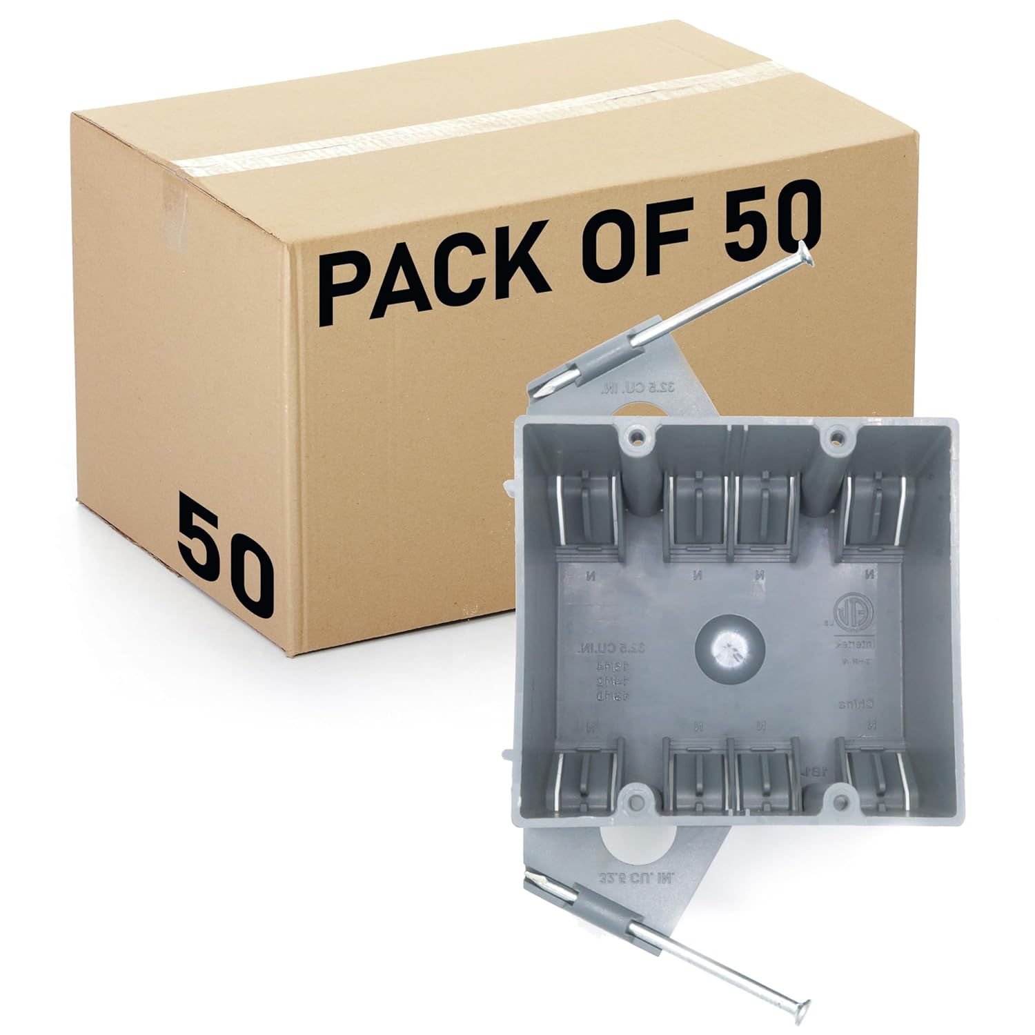 (50 Pack) 2-Gang PVC Electrical Box, Grey Outlet Box, Two Gang New Work Junction Box, Captive Nails, 32 cu. Inches, Length 3-3/4'', Width 2-1/4'', Depth 2-7/8'', 2 Hour Fire Rated Electrical Box