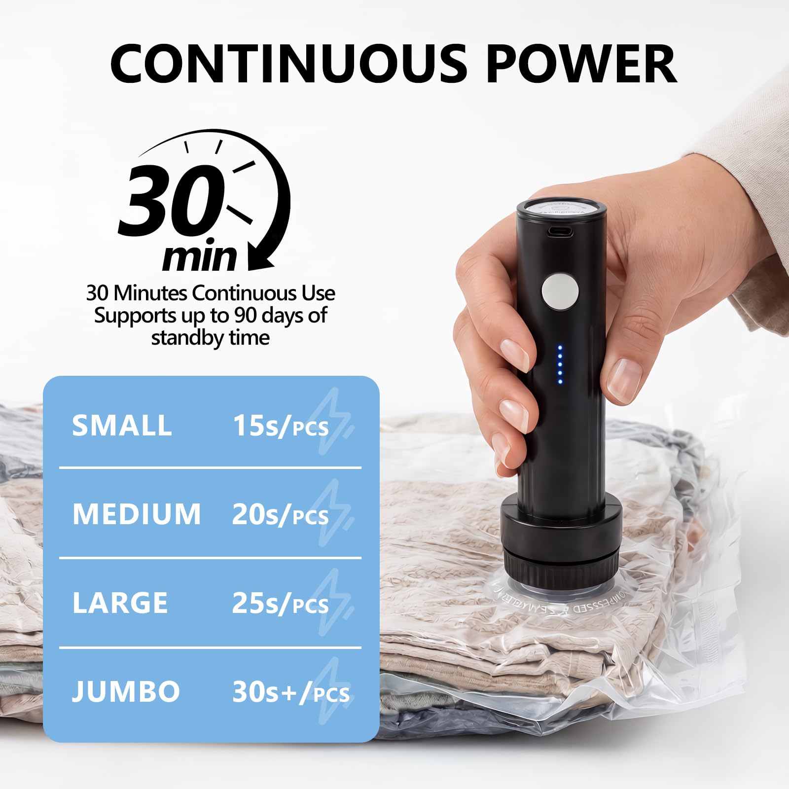 Cordless Electric Vacuum Pump for Vacuum Storage Bags Travel, Travel Air Pump, Portable USB Rechargeable Seal & Compression Bag Pump Space Saver for Clothes, Blankets & Bedding (Without Storage Bags) — view 4