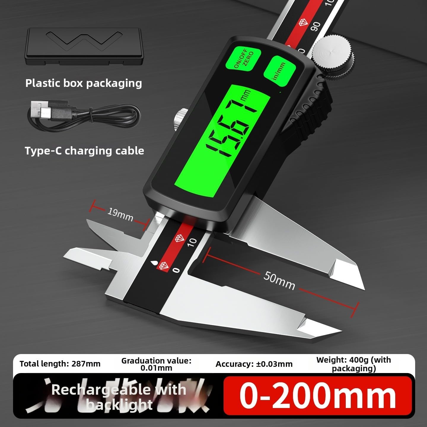 Calibrador digital de acero inoxidable recargable grande verde pantalla ±0.03mm precisión para taller de ingeniería 150mm (0-200mm)