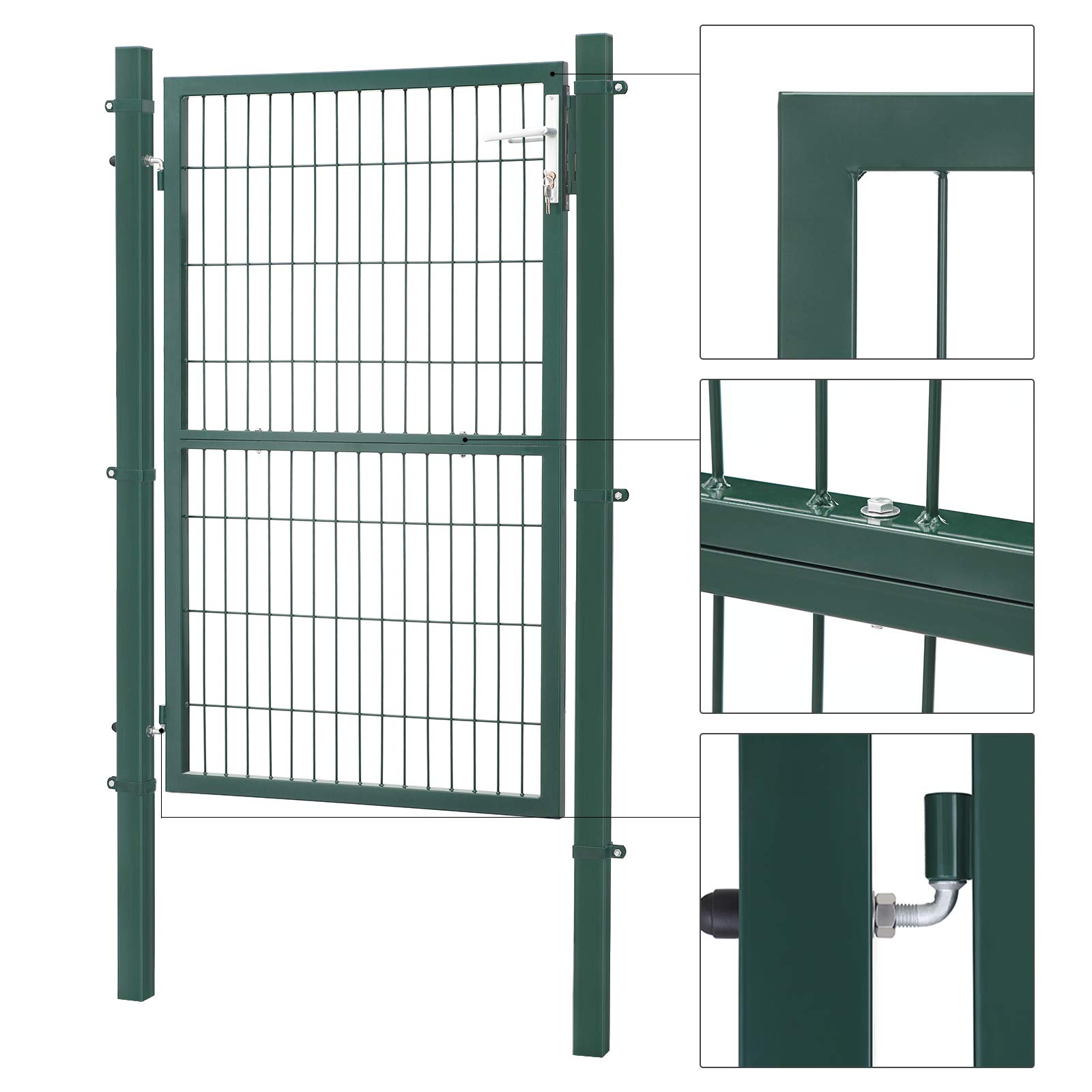 SONGMICS Puerta de Jardín de Acero Galvanizado, Puerta para Valla, con Cerradura, Manija y Llave, 106 x 150 cm (Largo x Alto), Verde GGD200L