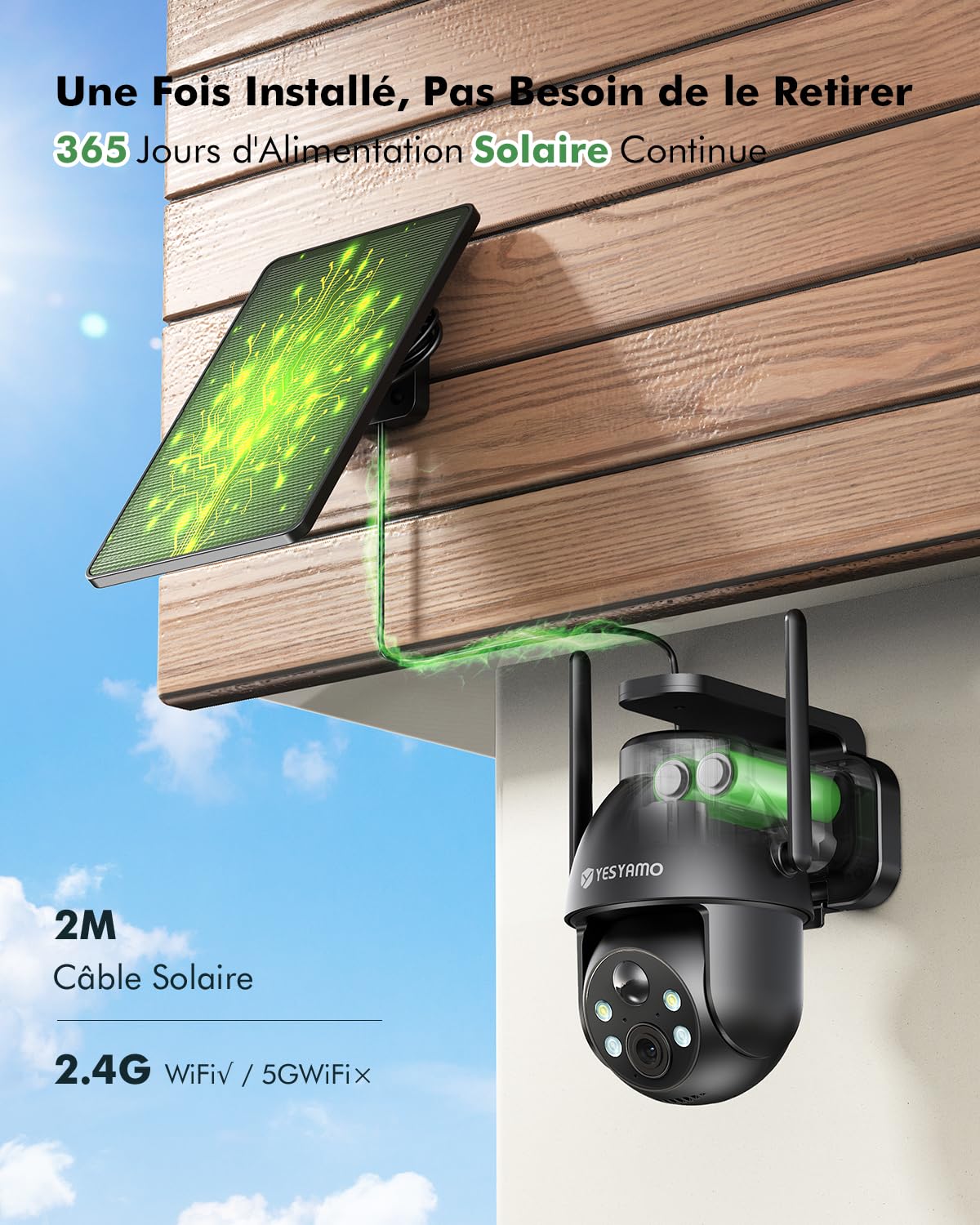 YESYAMO 2K Camera Surveillance WiFi Exterieure sans Fil Solaire, Panneau Solaire, 355° PTZ, Vision Nocturne Couleur, Audio Bidirectionnel, PIR Sirène Noir