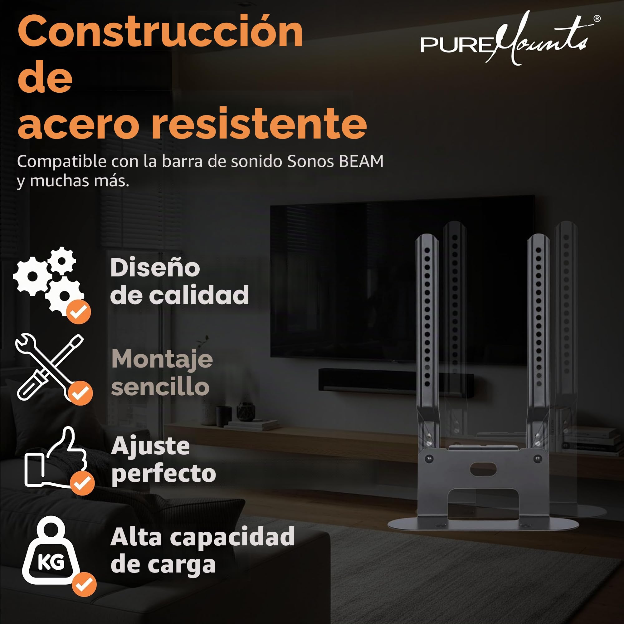 PureMounts PM-SOM-080 para Montaje Directo en TV, Compatible con la Barra de Sonido SONOS Beam, Carga útil: 5 kg, Negro