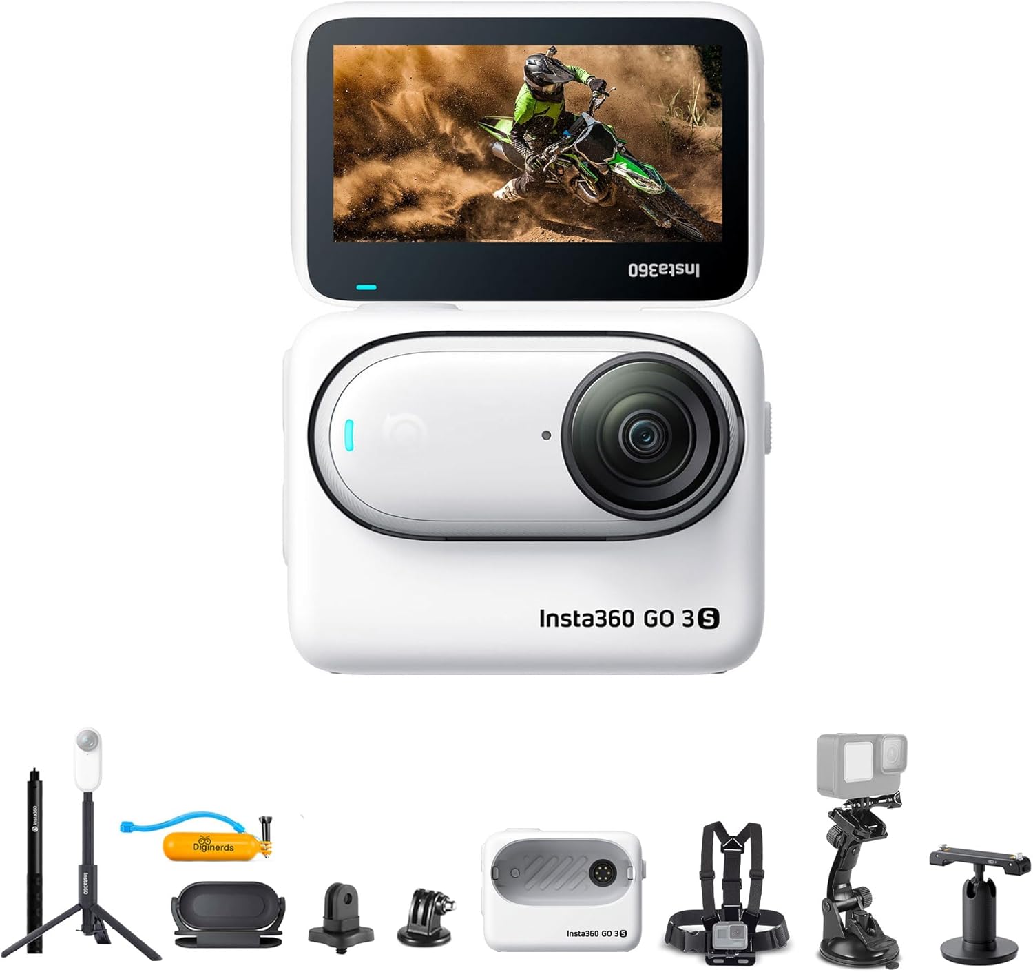 Insta360 GO 3S (White) 64GB Tiny Mighty 4K Action Vlogging Camera, Portable, Mount Anywhere, Waterproof, Stabilization, + Action Pod and Wearable Accessories + Selfie Stick + 50-in-1 Accessory Kit