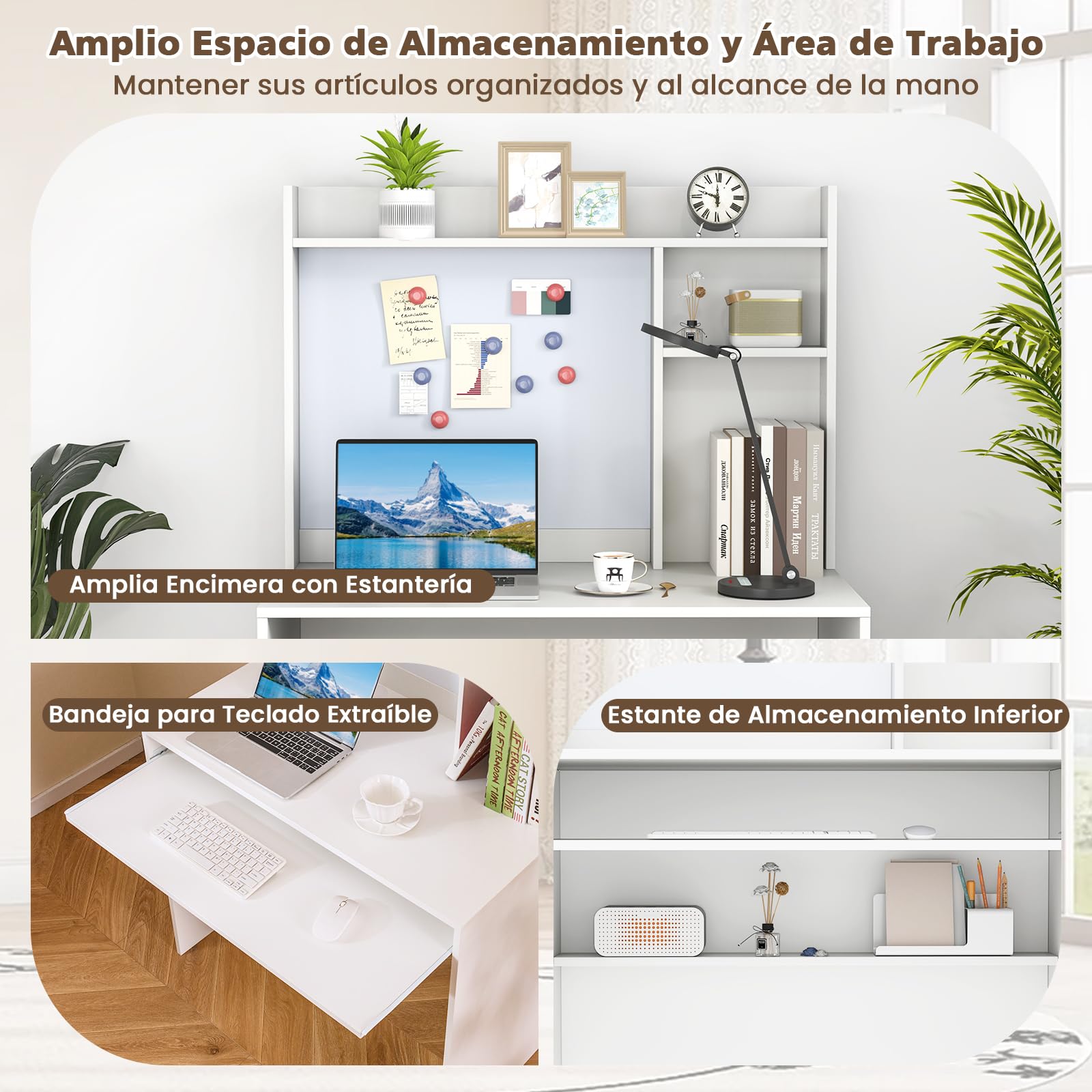 GIANTEX Escritorio de Ordenador con Estantería, Escritorio de Madera con Bandeja de Teclado, Estantes Abiertos y Tablero Magnético, 89 x 50 x 138 cm, para Dormitorio, Oficina (Blanco)