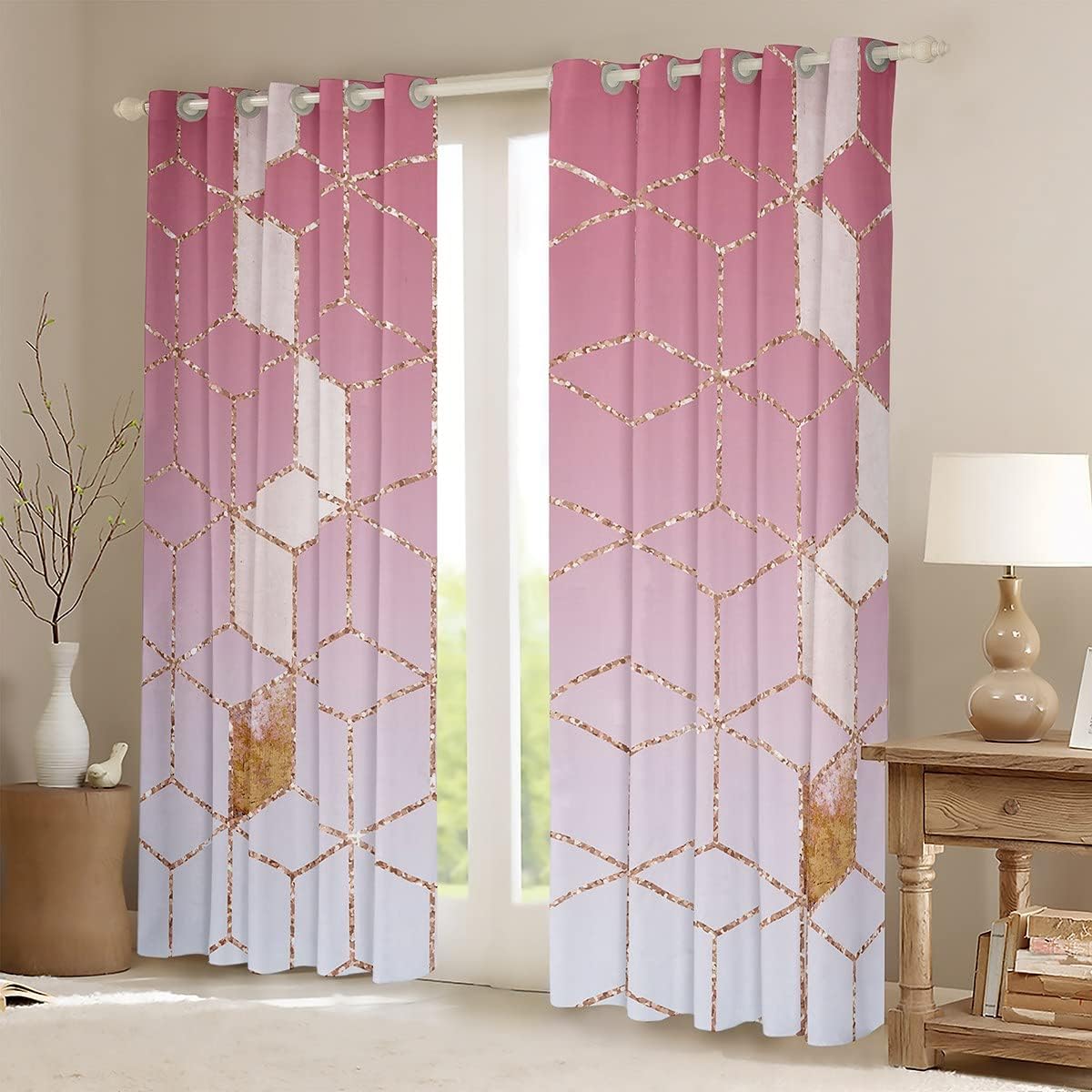Erosebridal Pink and Gold Geometric 42" Wx90 L Blackout Curtains for Girls Women Bedroom,Hexagon Honeycomb Curtains & Drapes Ombre Marble Window Curtains Diamond Window Treatments 2 Panels
