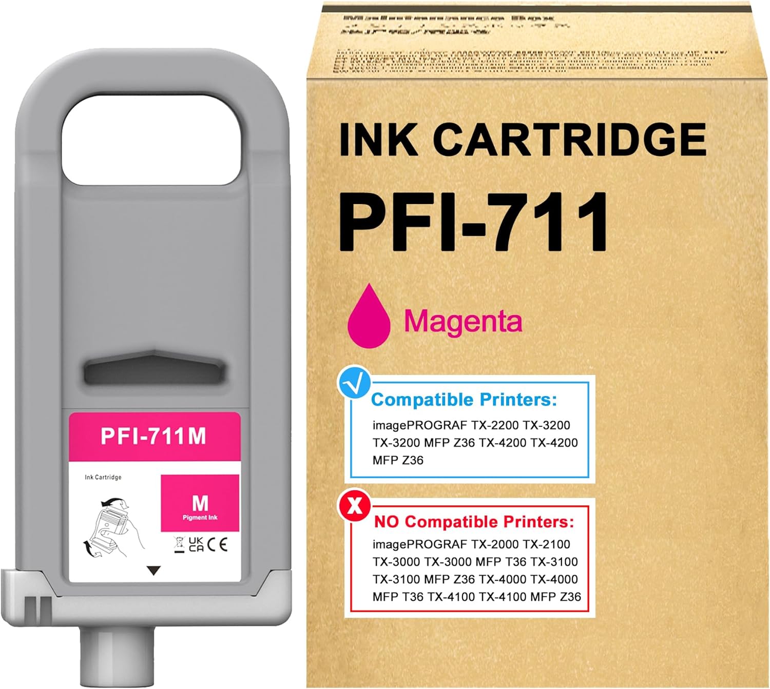 LCL PFI-711M Ink Cartridge Replacement for Canon PFI711 PFI-711 PFI711M PFI-711M 700ML for imagePROGRAF TX-2200 TX-3200 MFP Z36 TX-4200 MFP Z36 Printers (Magenta)