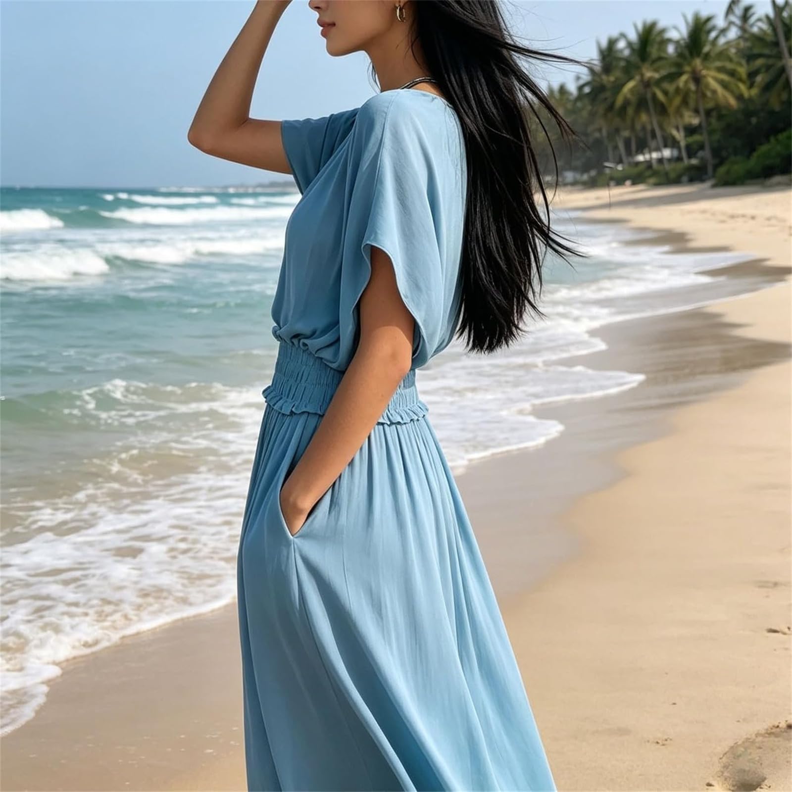 Abito Lungo Donna Vita Arricciata Fluido Elegante Maniche Pipistrello (Navy Blue,M)