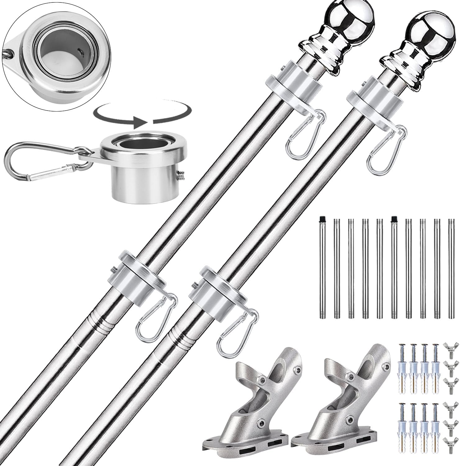 2 Pack Flag Poles for Outside House, 6 FT Flag Pole Kit with No-Tangle Aluminum Ring Clips and Holder Mounting Bracket, Stainless Steel 1 inch Diameter Flagpole for Boat Deck Porch (2 Pack)