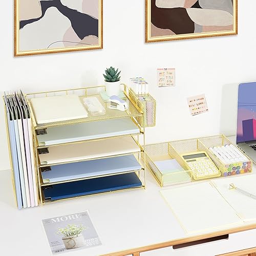 Miniatura 7 de Organizador de escritorio de 5 niveles con estantes verticales, bandeja de papel de escritorio para organización de oficina con cajón y soporte para