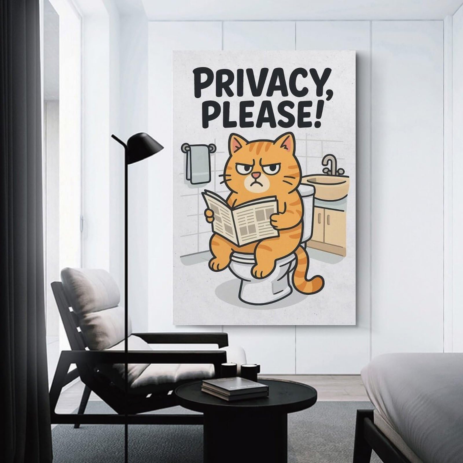 Junmoney Privacy, Please! Cartoon Cat on Toilet Wall Art Print, 20x30inch(50x75cm), for Office, Study Or Home Workspace, Decorative Artwork for Productive Spaces