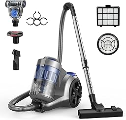 Aspiron 1700W Canister Vacuum Cleaner, 45Kpa Bagless Vacuum Cleaner, Multi-Cyclonic Filtration, 2 Anti-Allergen HEPA Filters, 3.5QT Dust Cup, 4 Tools, No Hair Tangles for Hard Floor, Pet Hair, Azure