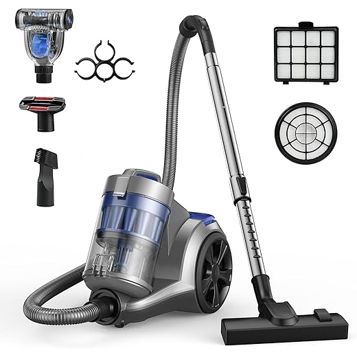 Aspiron 1700W Canister Vacuum Cleaner, 45Kpa Bagless Vacuum Cleaner, Multi-Cyclonic Filtration, 2 Anti-Allergen HEPA Filters, 3.5QT Dust Cup, 4 Tools, Corded Vacuum for Hard Floor, Pet Hair, Azure