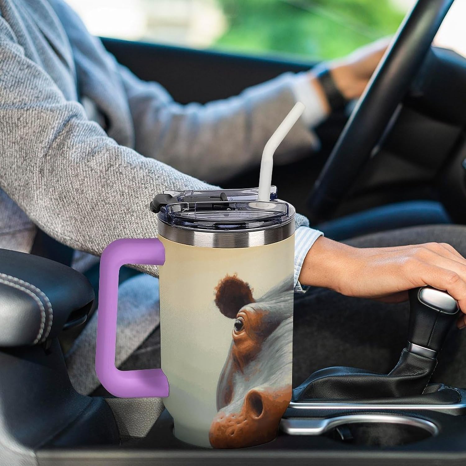Hippo Travel Coffee Mug Reusable Durable Stainless Steel Insulated Tumbler with Handle And Straw Leak Resistant Portable Thermal Cup Gifts for Men Women 40 Oz