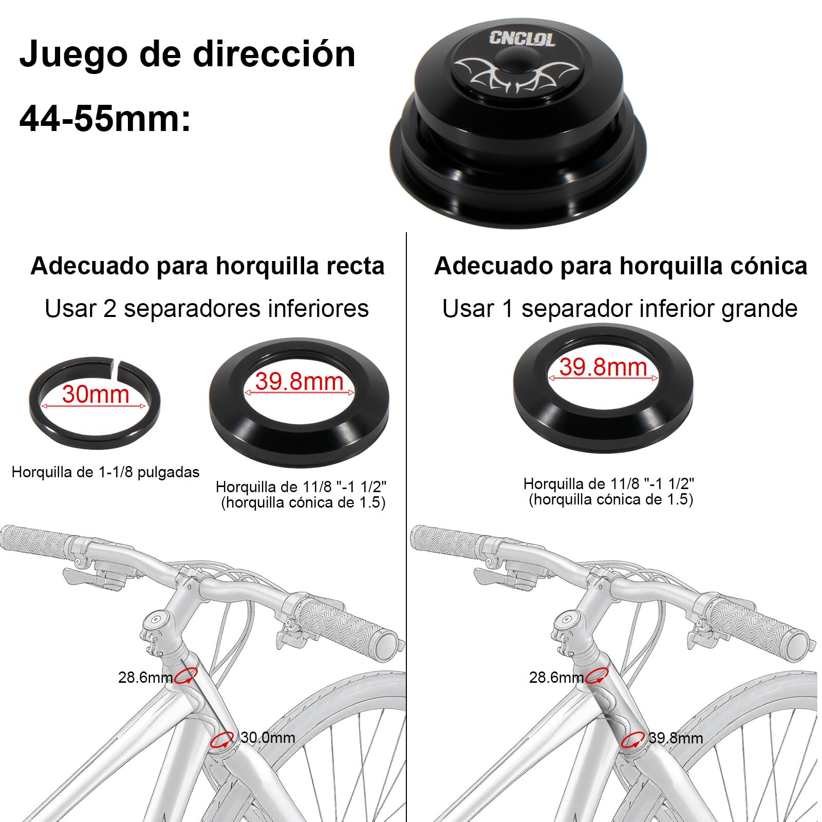 Sterzo bicicletta 1 1/8", set sterzo 34 mm/44 mm/41,8-52 mm/44-55 mm/44-56 mm, cuscinetto sterzo MTB/BMX, semiintegrato, con cuscinetti sigillati.