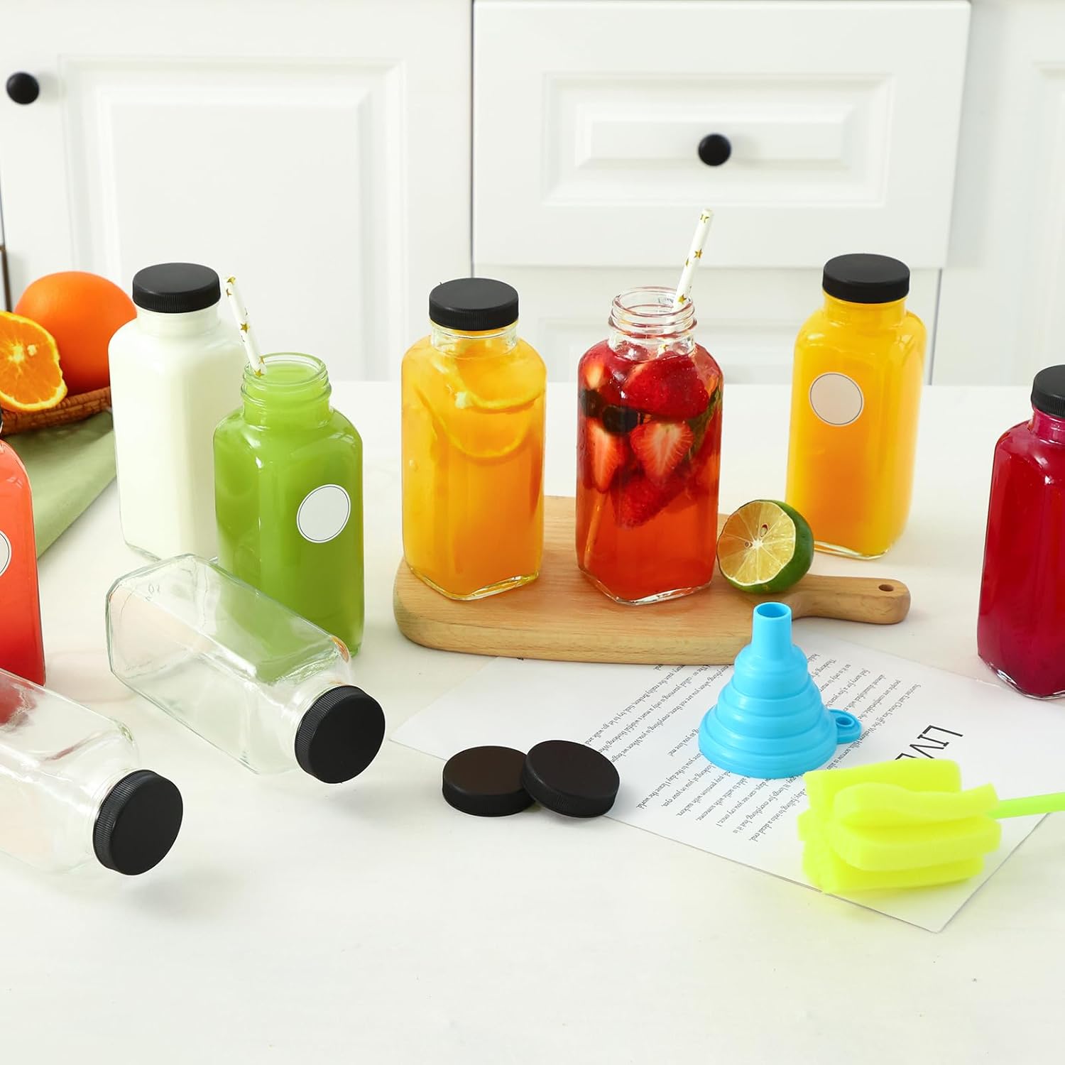 CUCUMI 12oz Glass Juice Bottles With Lids, 24pcs Reusable Drinking Bottles, Blank Labels, Brush, Funnel for Storing Tea, Kombucha, Milk