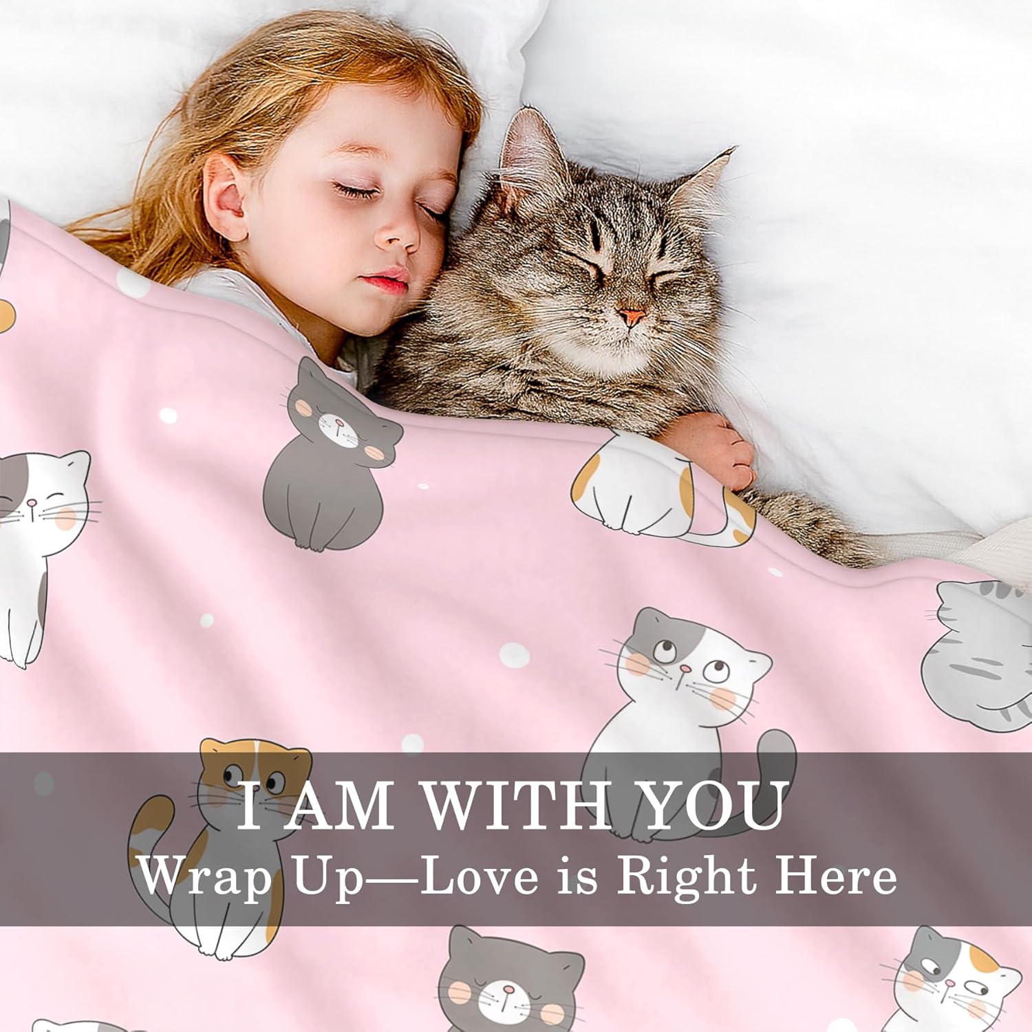 Cat Throw Blanket Gift for Women Mom Cat Lover, 50" x 60" Pink Cartoon Kitty Flannel Blanket Throw for Couch Sofa Bed Chair
