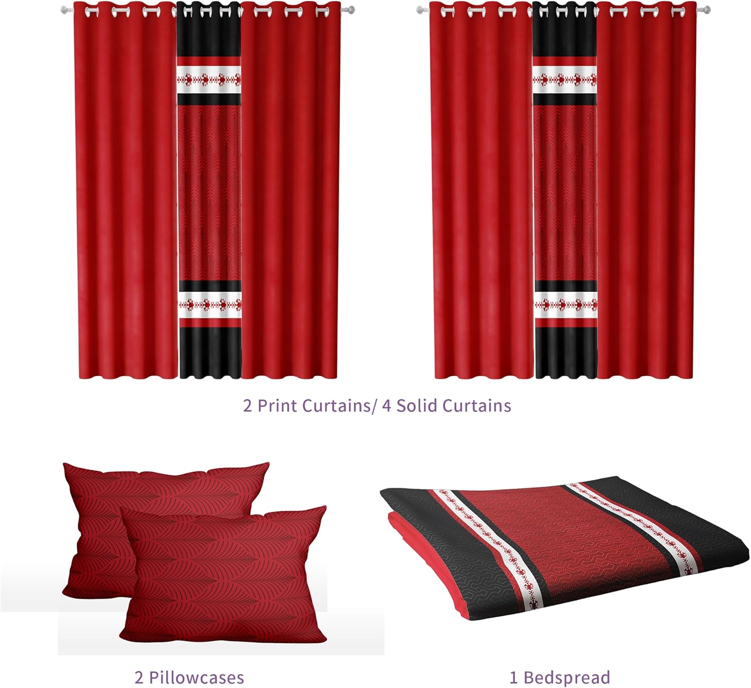 Deepsleep California King Bedspread Set 9 Pieces, All Season Luxury Bed in a Bag for Bedroom, with 2 Pillowcases and 6 Curtains, Microfiber for Complete Bedroom Decor, Black and Red Stripes