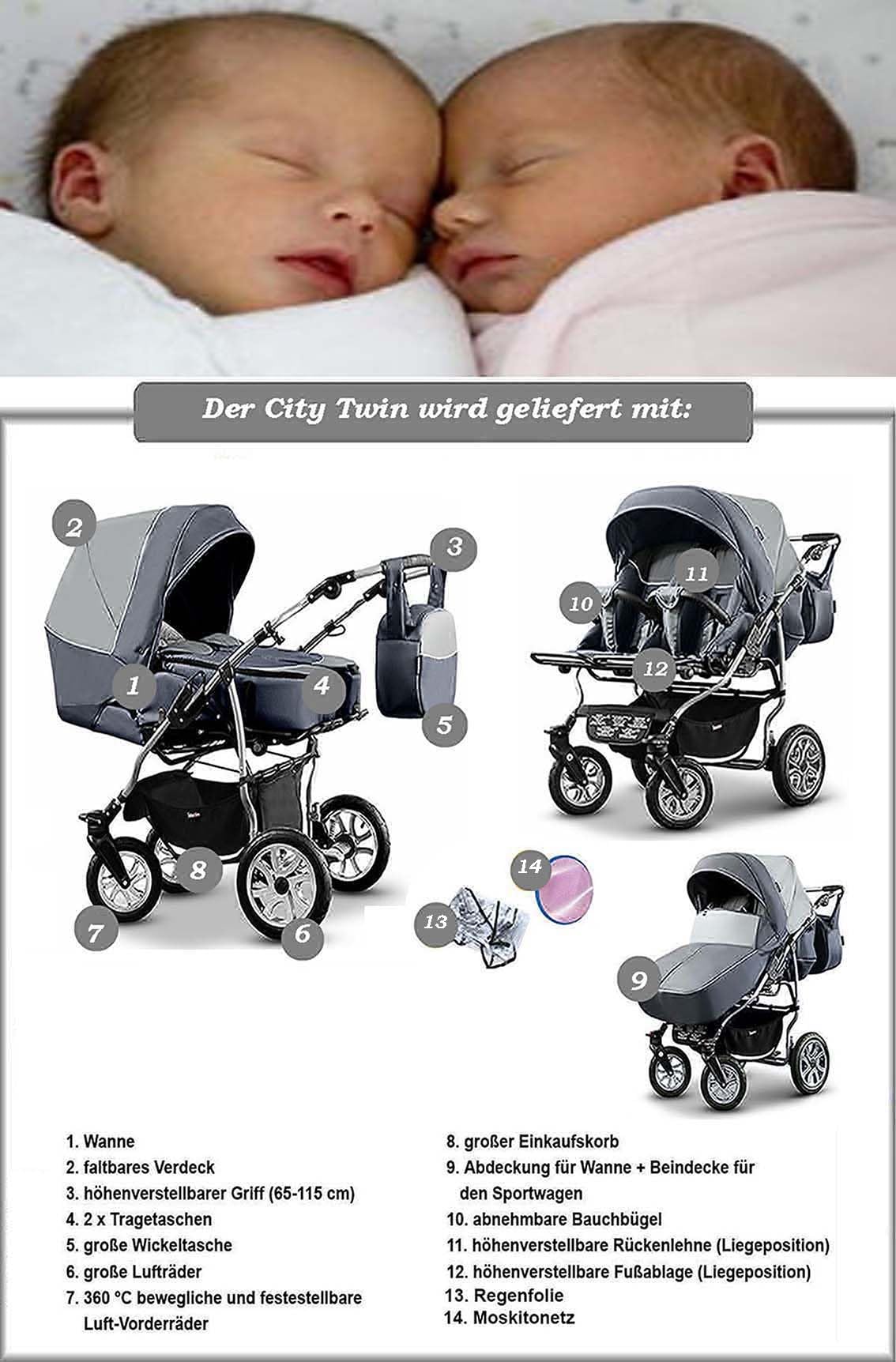 Zwillingskinderwagen 2 in 1 City Twin inkl. Sportsitze - 15 Teile - Schwarz-Schwarz