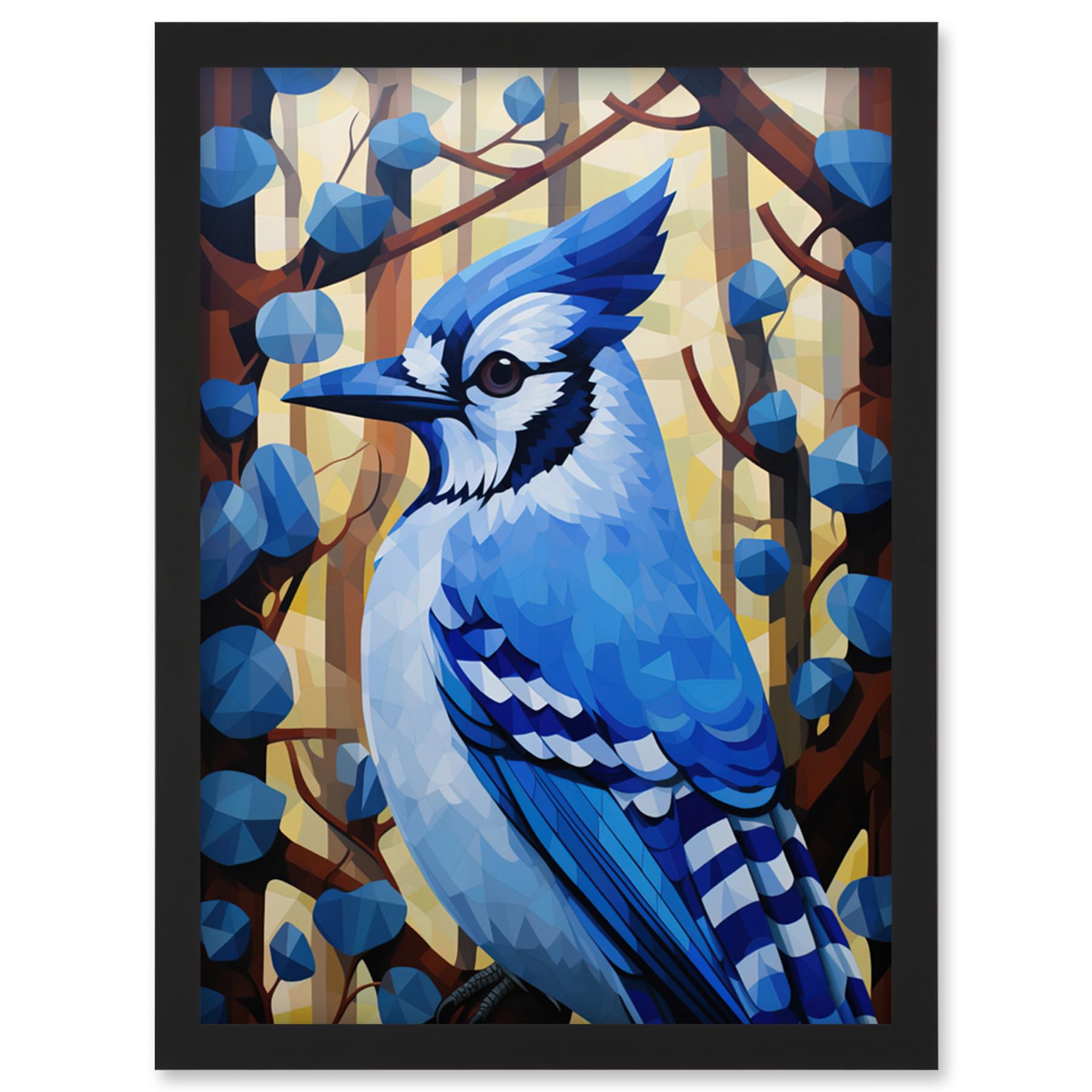 Artery8 Blue Jay Geometric Artwork Wild Bird Perched on Tree Polygonal Forest Landscape Artwork Framed Wall Art Print A4